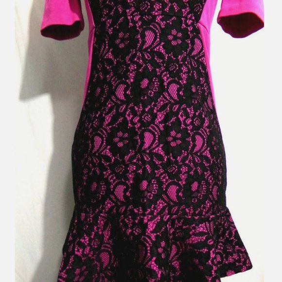 JUICY COUTURE Stretch knit Tulip retro Dress sz 0 Hot Pink Black Lace scoop neck - Picture 4 of 9
